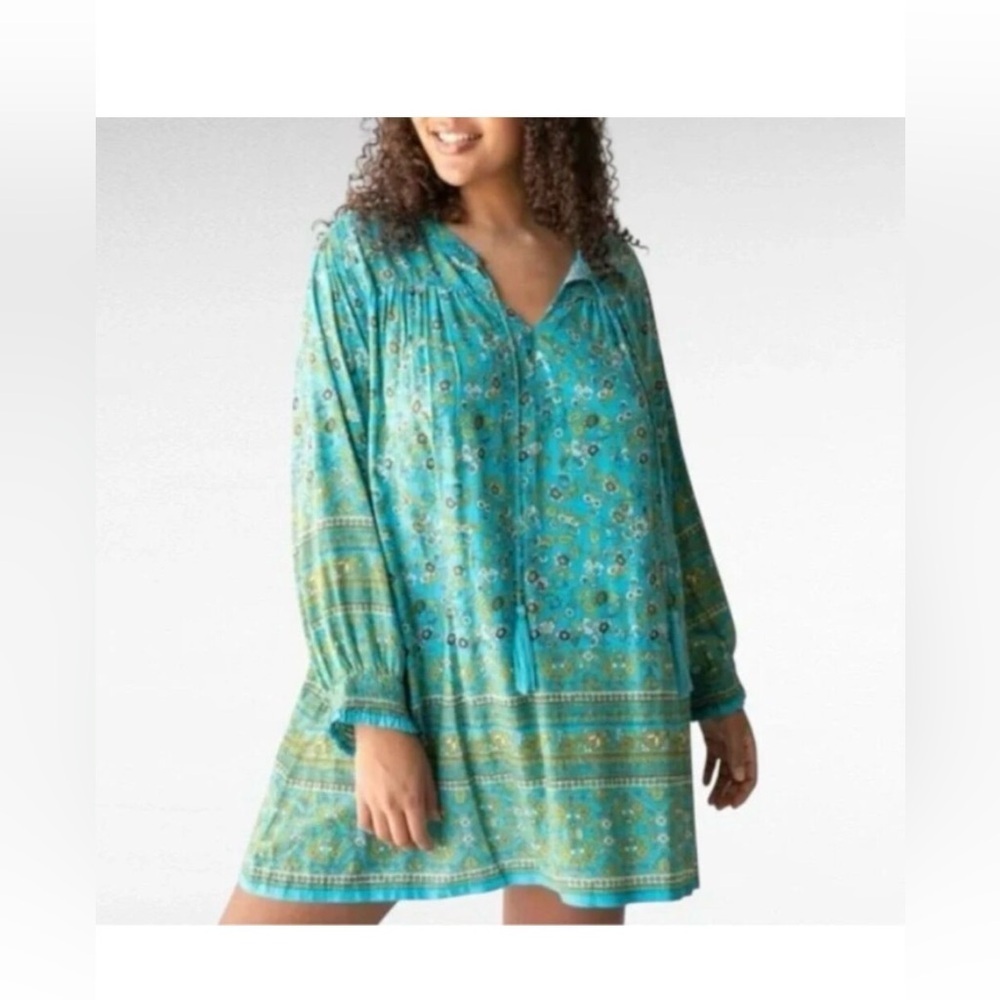 Dara V-neck green turquoise tassel tie poetic sleeve mini lightweight boho dress